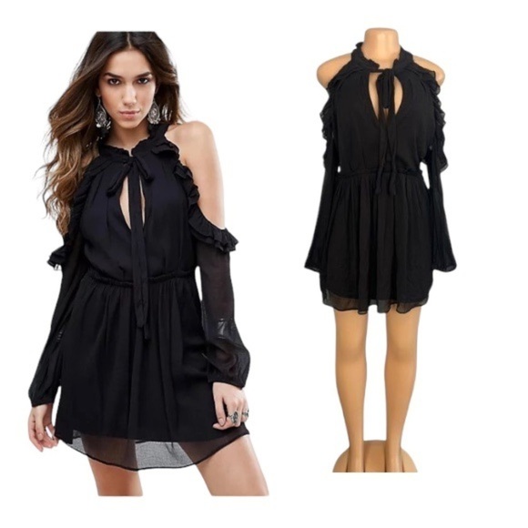 Free PEOPLE Black You And I Frill Mini Dress Sz XS.  (S035) - Picture 1 of 10